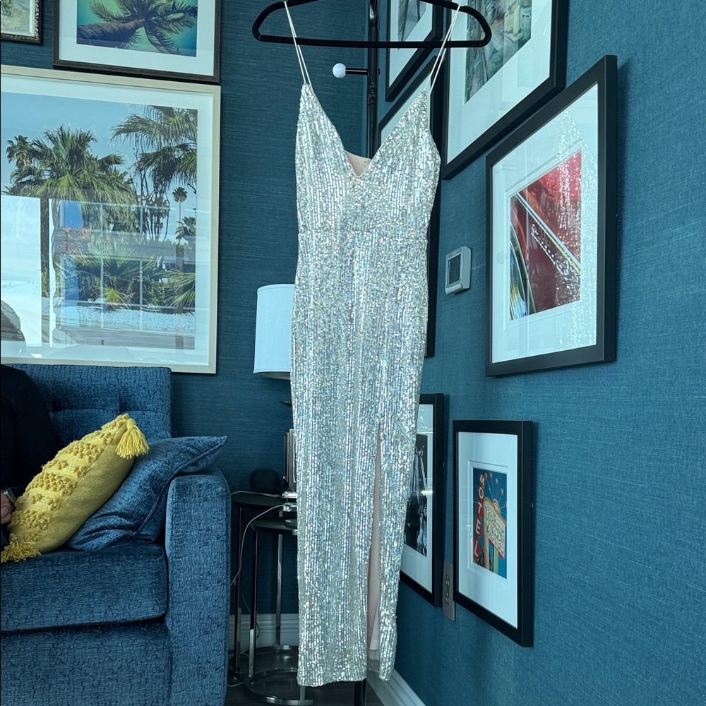 Fashion Nova Silver Sequin Midi Dress